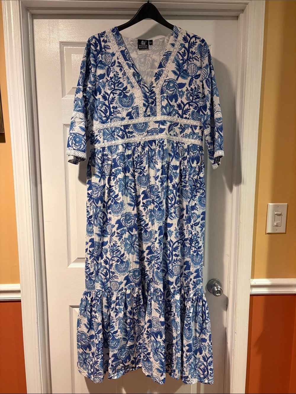 Blue and White Floral V-Neck Maxi Dress